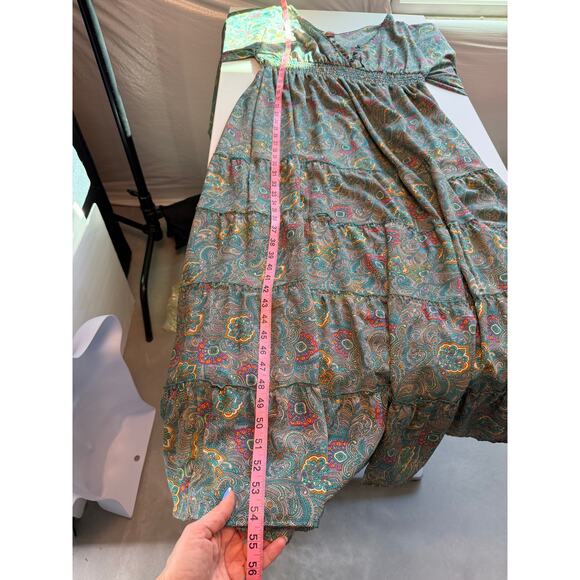 Anthropologie Boemo Green midi dress Paisley Tiered smocked Size L Boho Regency - Picture 9 of 11
